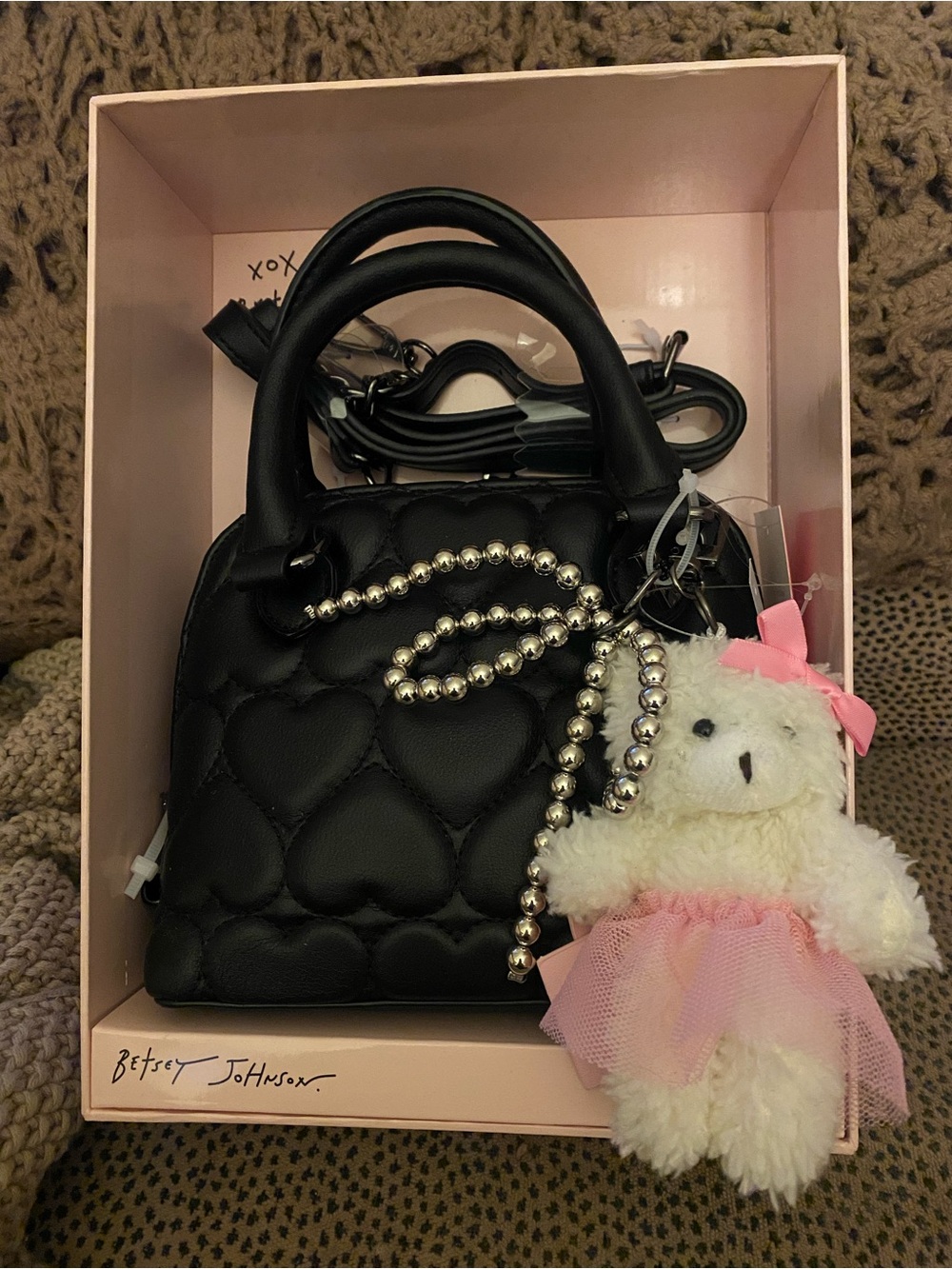 Betsey Johnson Quilted Heart Top-Handle crossbody Bag Bear Charm XOJoyy NEW